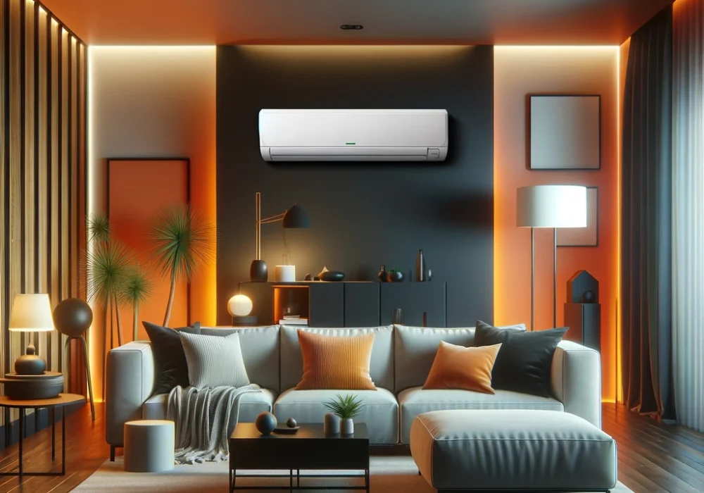 DALL·E 2024-03-07 11.08.15 – A serene and modern living room with a focus on a quiet air conditioning unit, using orange and black colors. The room should look comfortable and sty DALL·E 2024-03-07 11.08.15 - A serene and modern living room with a focus on a quiet air conditioning unit, using orange and black colors. The room should look comfortable and sty